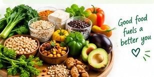 Fresh vegan groceries: beans, grains, avocado and vegetables